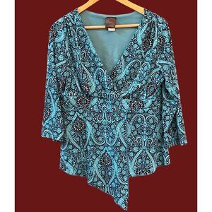 Y2K Vintage Geometric Print  Asymmetrical Hem Baby Doll Blouse Large Bohemian